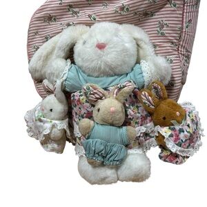 Vintage T L  Toys Pink Print Backpack With Plush Bunny Family